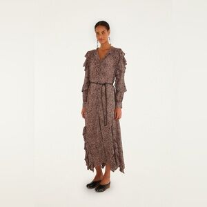 Farm Rio $398 Pink Baby Leopard Long Sleeve Angled Frill Maxi Dress Medium